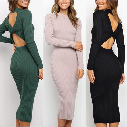 Mandotos women's solid color backless sweater dress with bow detail, tight fit, and stylish design, perfect for fashionable occasions.