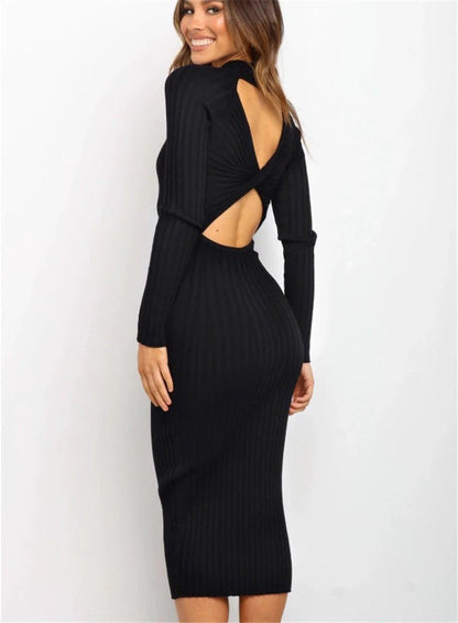Mandotos women's solid color backless sweater dress with bow detail, slim fit, stylish and elegant for modern fashion.
