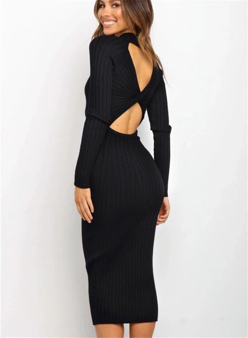 Mandotos women's solid color backless sweater dress with bow detail, slim fit, stylish and elegant for modern fashion.