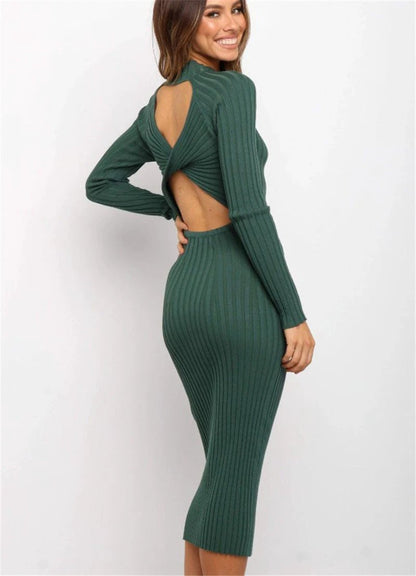 Mandotos women's solid color backless sweater dress with a bow, tight fit, stylish new style for women.