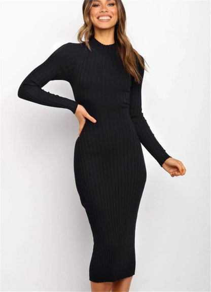 Mandotos women's solid color backless sweater dress with bow, fitted style, perfect for stylish occasions.
