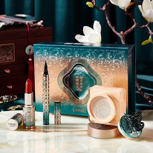 Mandotos Oriental Beauty Co. Chinese-inspired makeup set with elegant palette and bold colorful eyeshadows and brushes.