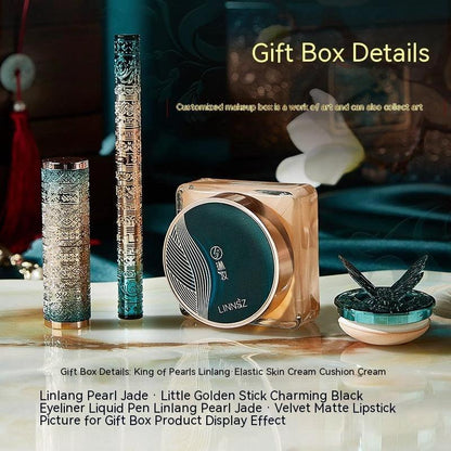 Mandotos Oriental Beauty Co. Chinese-inspired makeup set featuring an elegant palette with bold, vibrant eyeshadows and brushes.