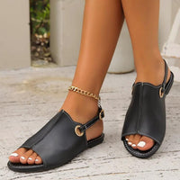 Mandotos peep-toe casual summer sandals with buckle straps, flat beach shoes perfect for warm weather and relaxed outings.