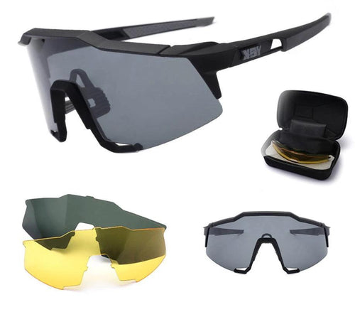 Men's polarized riding sunglasses by MANDOTOS with black frames and dark lenses, designed for outdoor riding and sun protection.