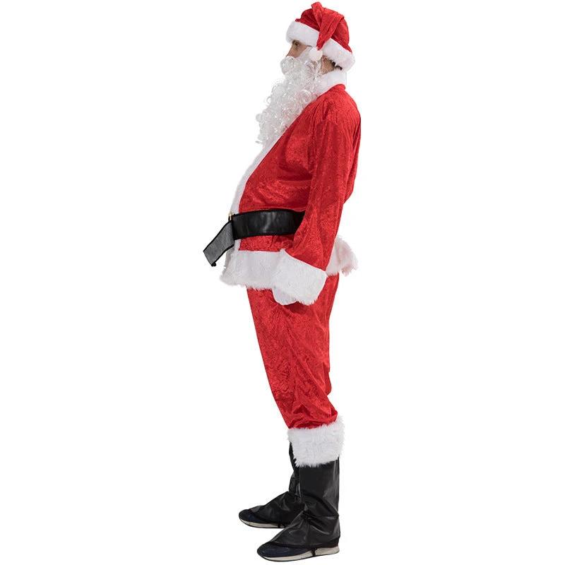 Mandotos premium Santa Claus costume suit with red coat, white trim, black belt, and hat, perfect for festive holiday dress-up.