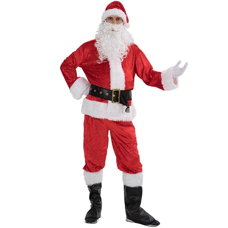 Mandotos premium complete Santa Claus costume suit with red coat, white fur trim, black belt, and matching red pants.