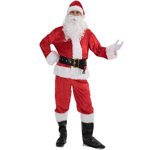 Mandotos premium complete Santa Claus costume suit with red coat, white fur trim, black belt, and matching red pants.