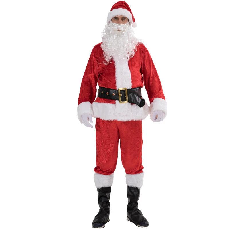 Mandotos Premium Complete Santa Claus costume suit featuring red coat, white trim, black belt, and Santa hat for festive dressing.