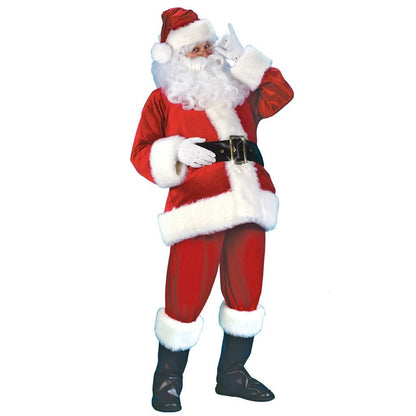 Mandotos premium complete Santa Claus costume suit with red jacket, white beard, black belt, and Santa hat for festive dress-up.