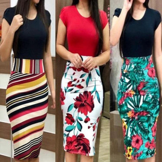 Large women's printed office midi pencil dress by MANDOTOS, featuring a fitted silhouette and stylish design.