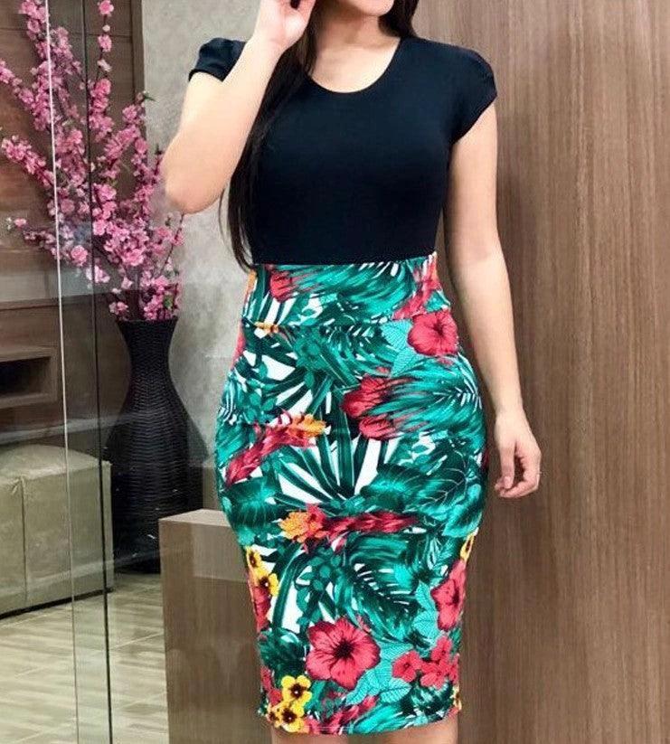 Mandotos printed office midi pencil dress for women, large size, stylish and fitted for professional or casual wear.