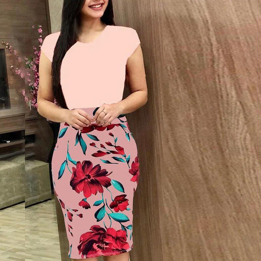 Large printed office midi pencil dress for women by MANDOTOS, featuring a stylish and professional design perfect for work.