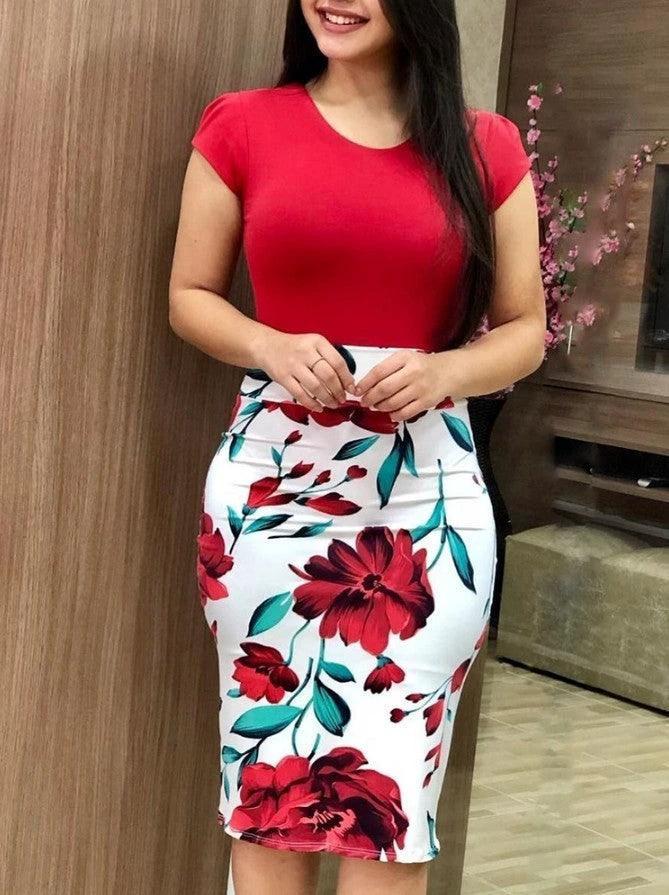 Mandotos printed office midi pencil dress for women, large size, stylish and fitted for professional or casual wear.