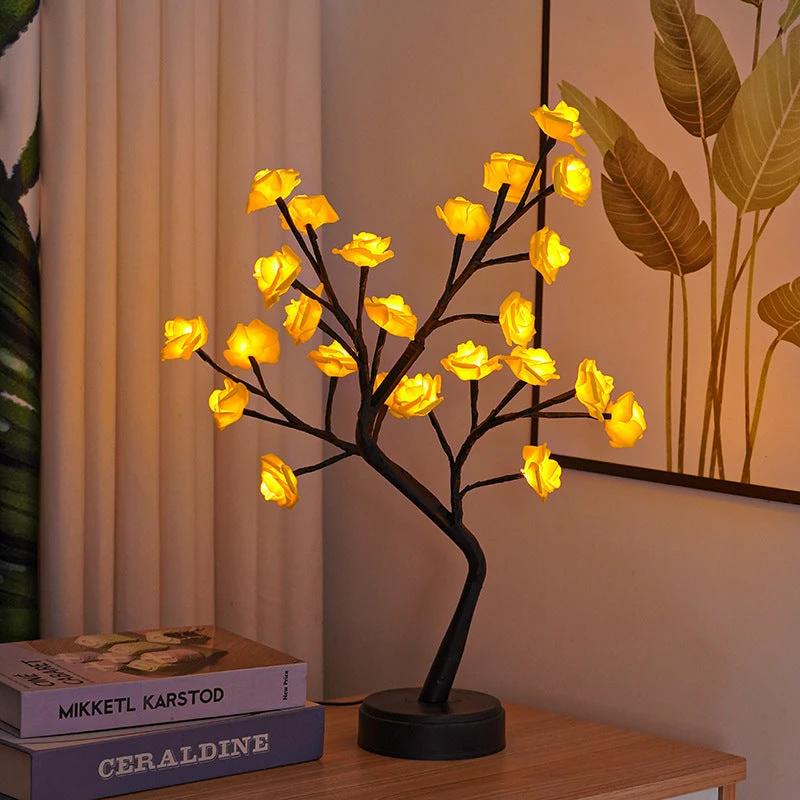 Mandotos Rose Flower Tree USB Desk Lamp with fairy lights and night light feature for cozy illumination on a desk or table.
