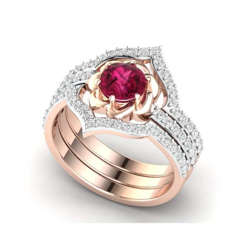 Mandotos rose gold flower ring with intricate design, perfect as an engagement or wedding band set.