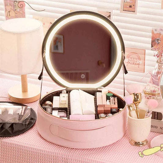 Round MANDOTOS smart LED makeup bag with mirror lights, travel organizer for cosmetics and beauty essentials.