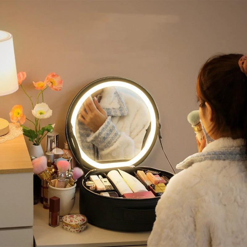 Mandotos round smart LED makeup bag with mirror lights, travel organizer for cosmetics and beauty essentials.