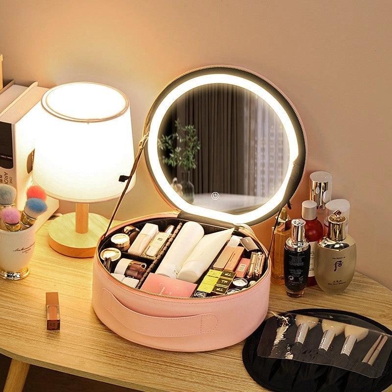 Mandotos round smart LED makeup bag with mirror lights, travel organizer, compact design for cosmetics storage and easy portability.