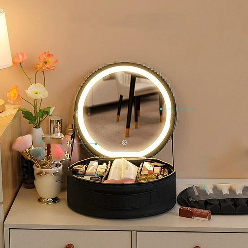 MANDOTOS round smart LED makeup bag with mirror lights, travel organizer for cosmetics and beauty essentials.