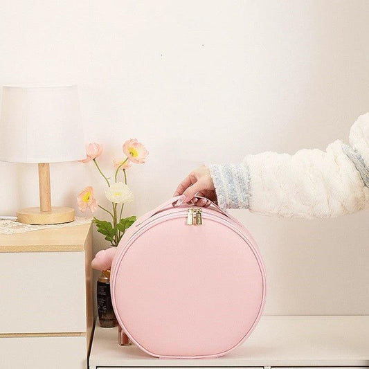 Mandotos round smart LED makeup bag with mirror lights, travel organizer for cosmetics and beauty essentials.