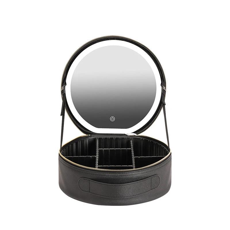 Mandotos round smart LED makeup bag with mirror lights, travel organizer, compact design, ideal for cosmetics and personal items.