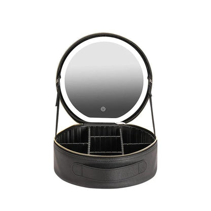 Mandotos round smart LED makeup bag with mirror lights, travel organizer, compact design, ideal for cosmetics and personal items.