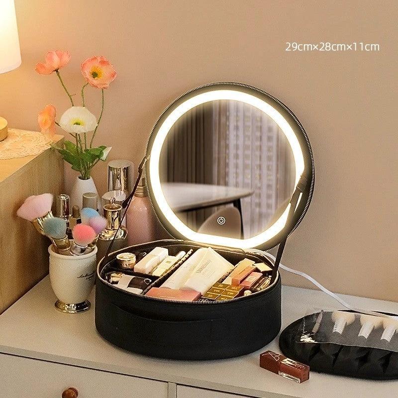 Round MANDOTOS Smart LED Makeup Bag with mirror lights, travel organizer for cosmetics and beauty essentials.