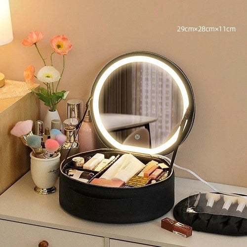 Round MANDOTOS Smart LED Makeup Bag with mirror lights, travel organizer for cosmetics and beauty essentials.
