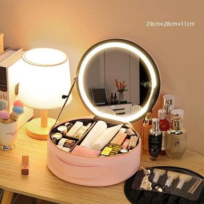 Mandotos round smart LED makeup bag with built-in mirror lights, travel organizer, compact design for cosmetics and accessories.