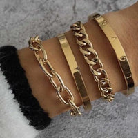 Mandotos Simple and Smooth C-shaped Hollow Chain Bracelet Set featuring sleek, minimalist silver jewelry with delicate chain links.