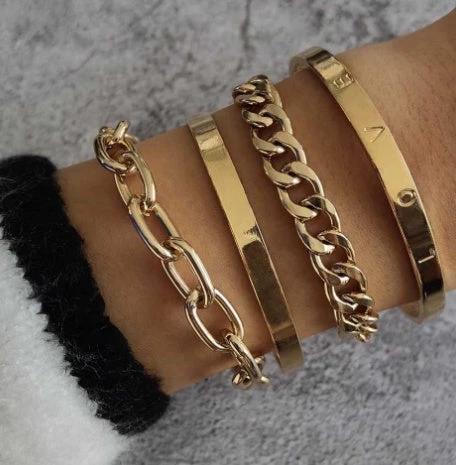 Mandotos Simple and Smooth C-shaped Hollow Chain Bracelet Set featuring sleek, minimalist silver jewelry with delicate chain links.