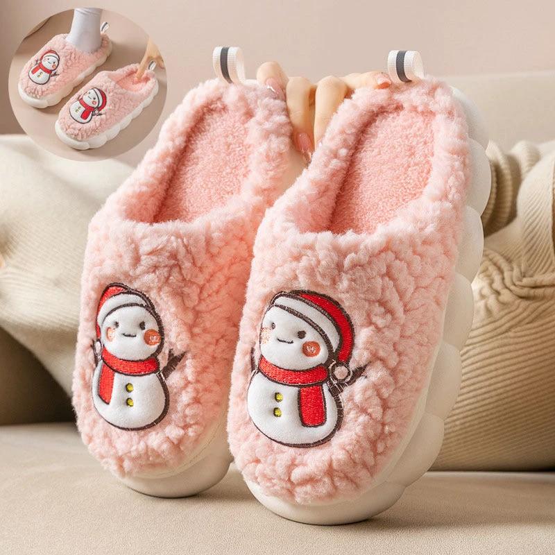 Mandotos Snowman Slippers, cozy winter plush couple home shoes with anti-slip soles for indoor comfort.