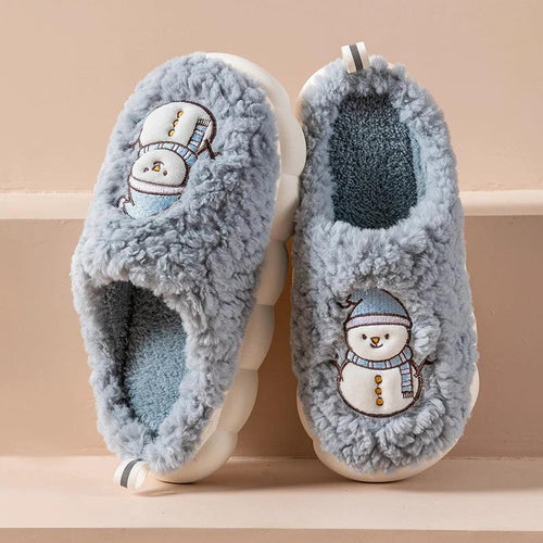 Pair of MANDOTOS Snowman Slippers featuring plush material and anti-slip soles, perfect for cozy winter home wear for couples.