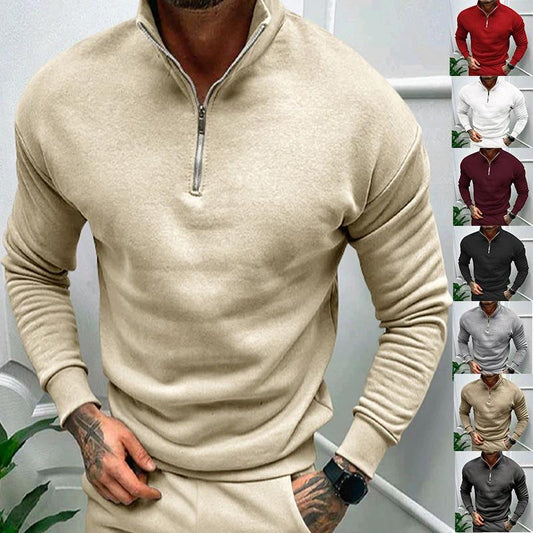 Mandotos men's solid color zipper sweatshirt with fleece lining, long sleeves, suitable for autumn and winter.
