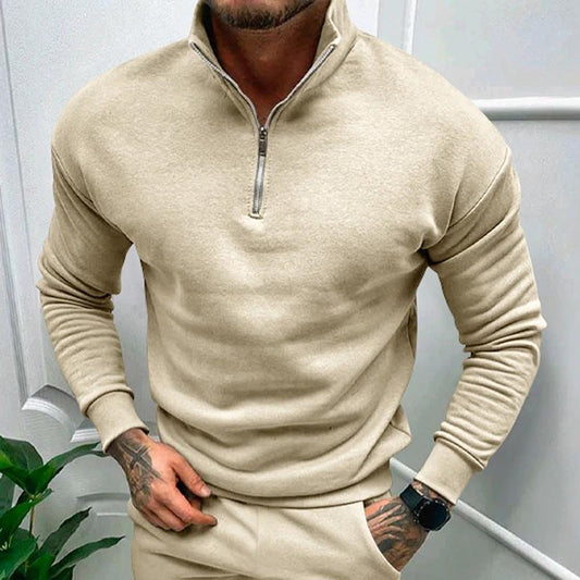 Mandotos men's solid color zipper sweatshirt with fleece lining, long sleeves, suitable for autumn and winter wear.