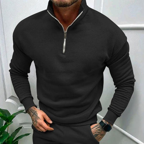 Mandotos men's solid color zipper sweatshirt with fleece lining, long sleeves, suitable for autumn and winter.