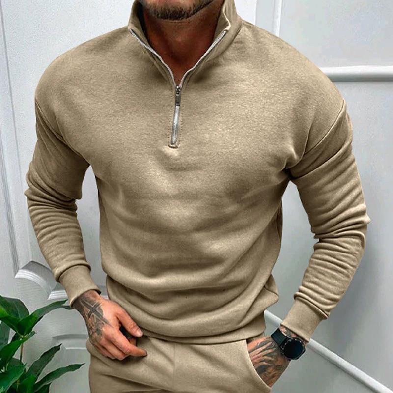 Mandotos men's solid color zipper sweatshirt with fleece lining, long sleeves, suitable for autumn and winter.