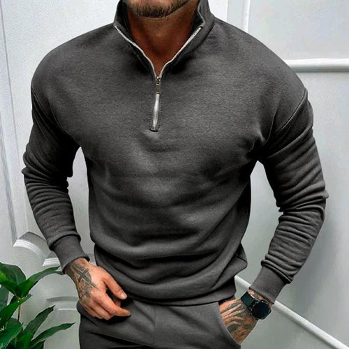 Mandotos men's solid color zipper sweatshirt with fleece lining, long sleeves, perfect for autumn and winter.