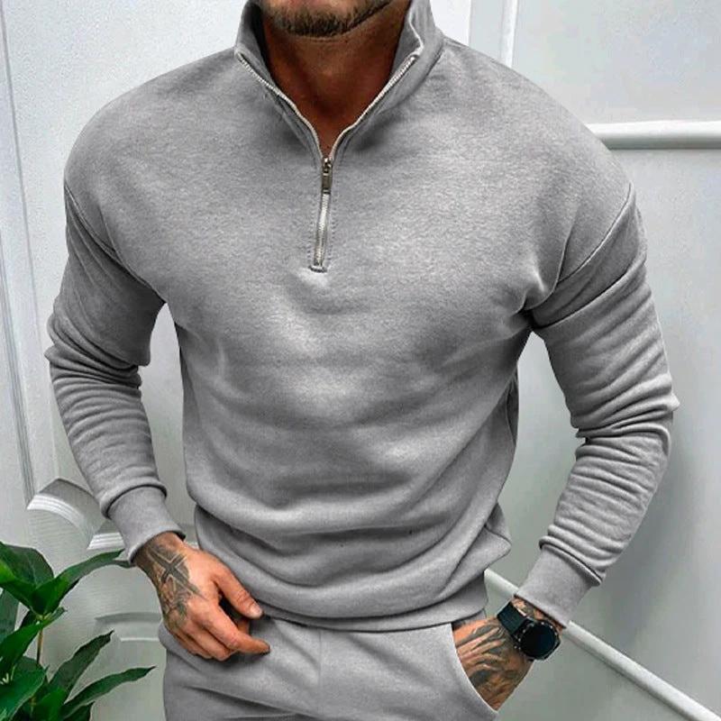 Mandotos men's solid color zipper sweatshirt with fleece lining, long sleeves, suitable for autumn and winter wear.