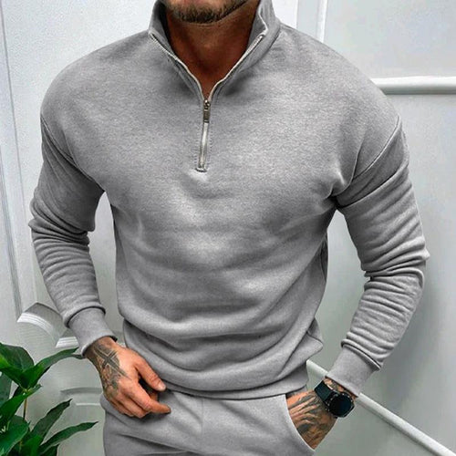 Mandotos men's solid color zipper sweatshirt with fleece lining, long sleeves, suitable for autumn and winter wear.