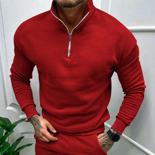 Mandotos men's solid color zipper sweatshirt with fleece lining, long sleeves, suitable for autumn and winter.
