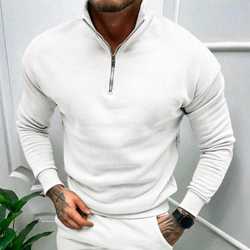Mandotos men's solid color fleece-lined zipper sweatshirt with long sleeves, perfect for autumn and winter.
