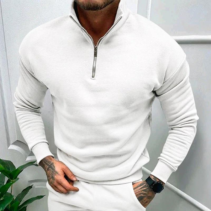 Mandotos men's solid color fleece-lined zipper sweatshirt with long sleeves, perfect for autumn and winter.