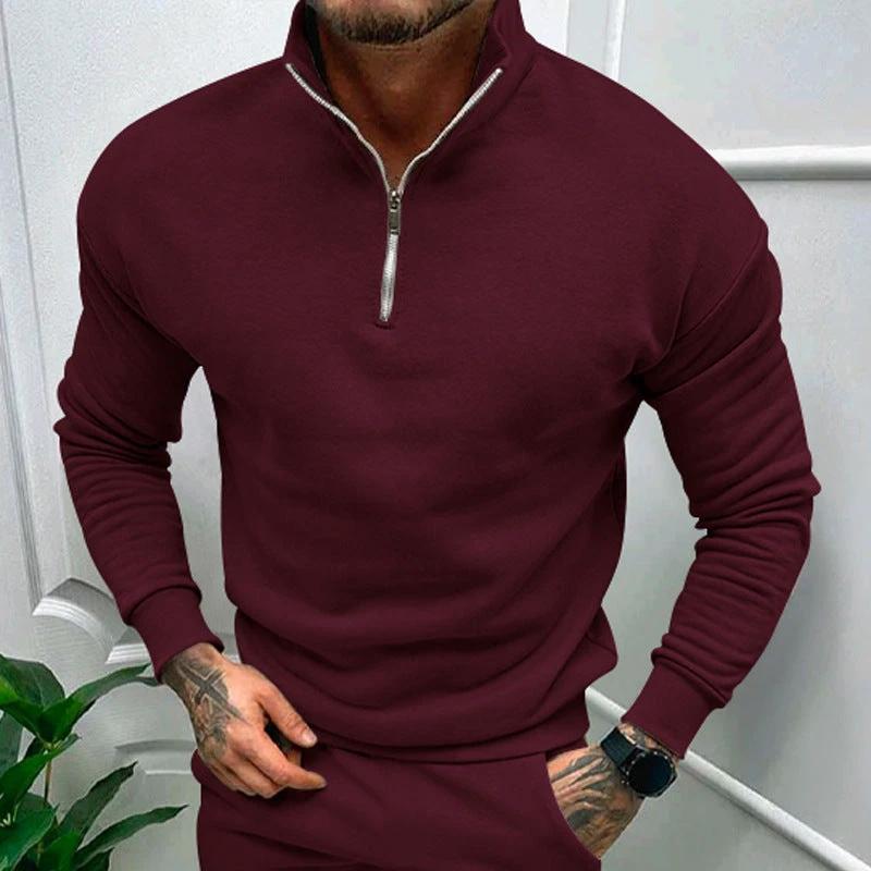Mandotos men's solid color zipper sweatshirt with fleece lining, long sleeves, suitable for autumn and winter.