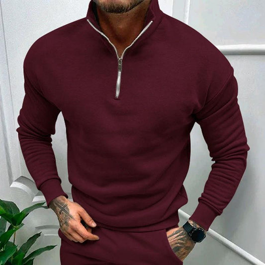 Mandotos men's solid color zipper sweatshirt with fleece lining, long sleeves, suitable for autumn and winter.