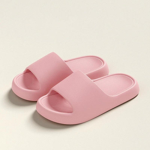 Mandotos solid thick-soled home slippers for women and men, summer non-slip bathroom house shoes on a tiled floor.