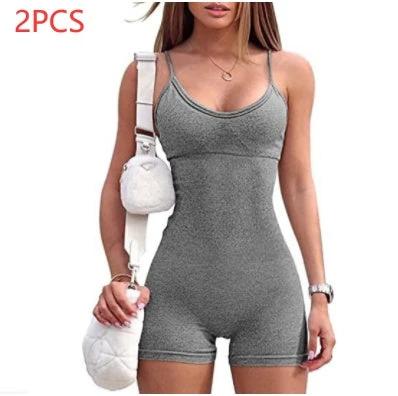 Mandotos women's spaghetti strap shorts jumpsuit for yoga, workout, and fitness; fitted and stylish sports romper.
