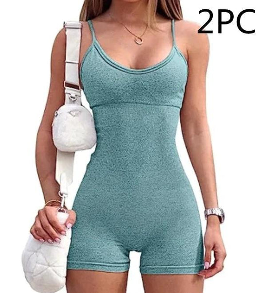 Mandotos women's spaghetti strap shorts jumpsuit designed for sports, yoga, and fitness with a tight, comfortable fit.