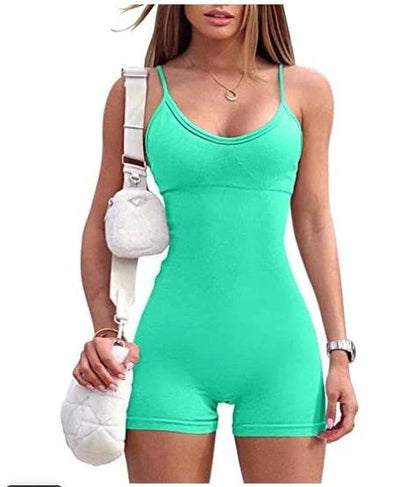 Mandotos women's spaghetti strap shorts jumpsuit for sports, yoga, and workout, featuring a tight, fashionable fitness romper.